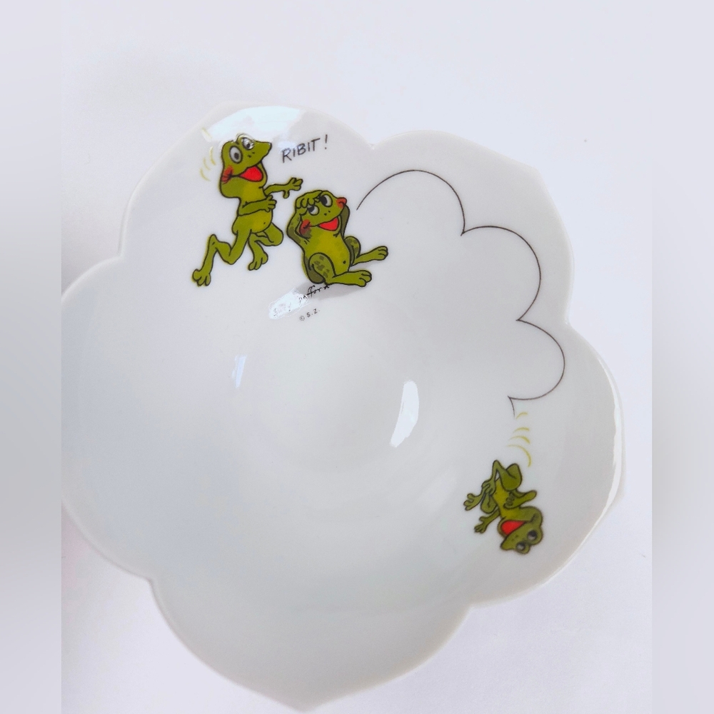 Suzy's Zoo Enesco Set Of 2 Vintage 70s Ceramic White Green Frog Lotus Bowls - Picture 6 of 14